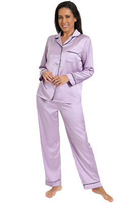 Langes zweiteiliges Damen-Pyjama-Set lila Satin