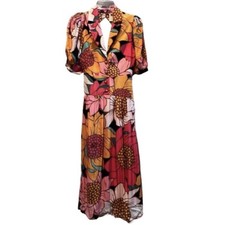 NEW Farm Rio Dress Womens XS Colorful Sunflowers midi cutout back button front