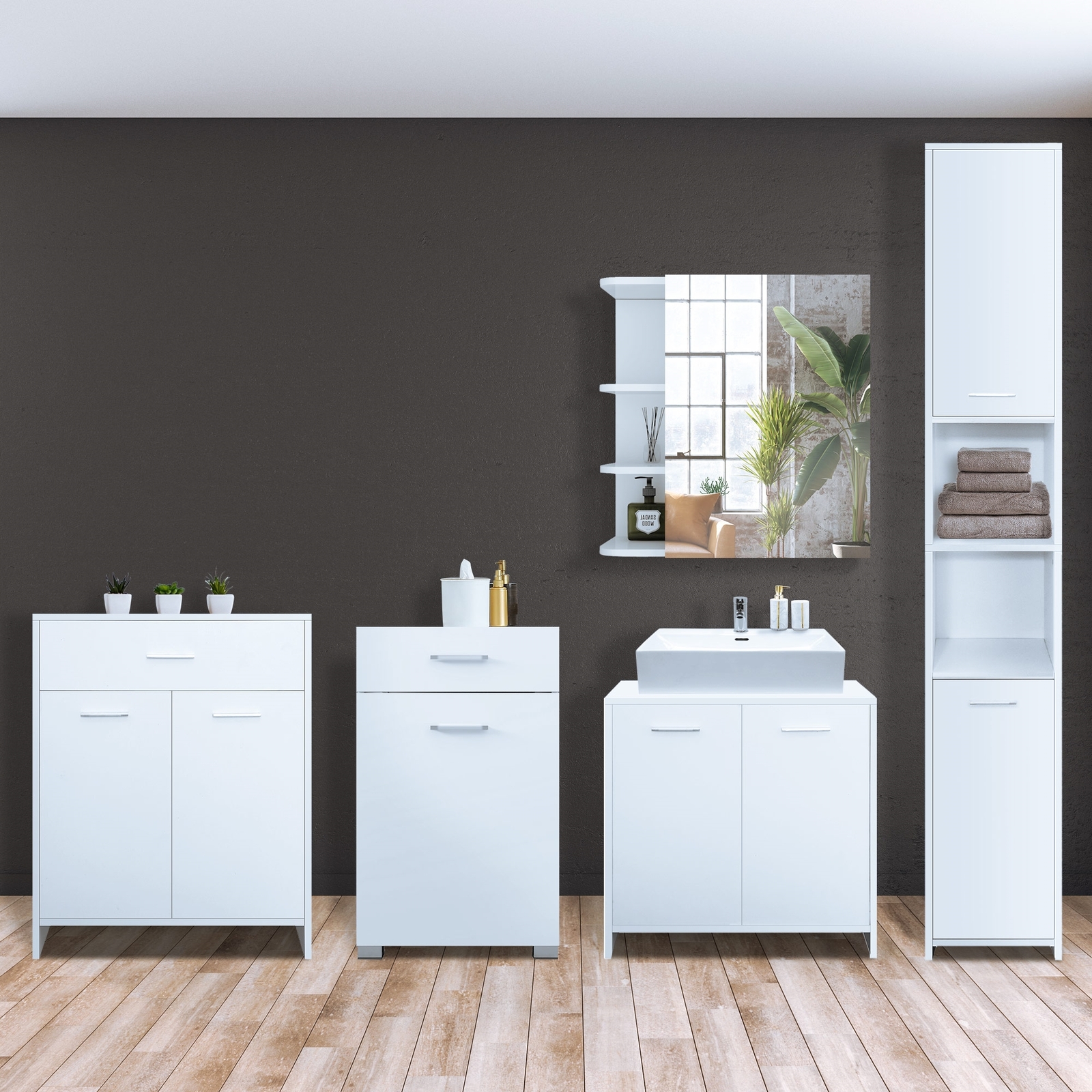 Set de muebles de baño blanco mueble MDF bajo alto lavabo con espejo a elegir