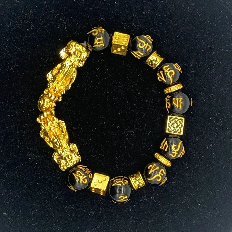Brazalete Feng Shui Riqueza de la Suerte Pi Xiu Pi Yao 2 piezas Cuentas Negras Obsidiana Dorado Foto 3 de 4