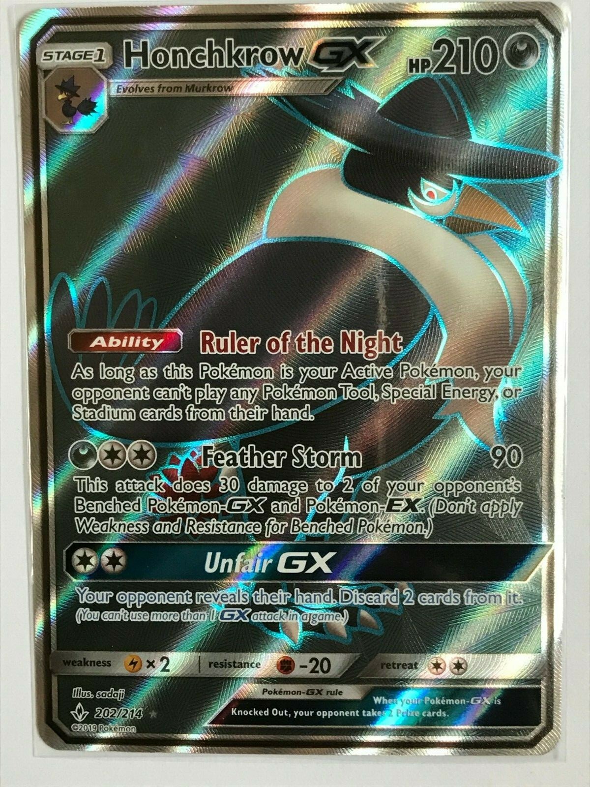 Honchkrow GX FULL ART ULTRA RARE 202/214 SM Unbroken Bonds Pokemon HOLO NM 2019