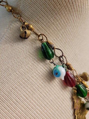 Vintage MCM Brass Christmas Tree And Art Glass Ornament Charm Necklace 24" - Picture 5 of 8