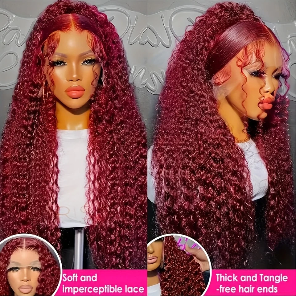 Long Curly Lace Front Wigs Burgundy Wine Red Hair Pre Plucked Natural Hairline - Image 3 of 4