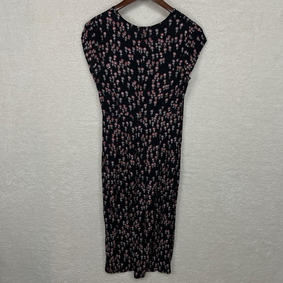 Free People Corrie Floral Print Dress Womens S Black Midi Cap Sleeves Side  Slit
