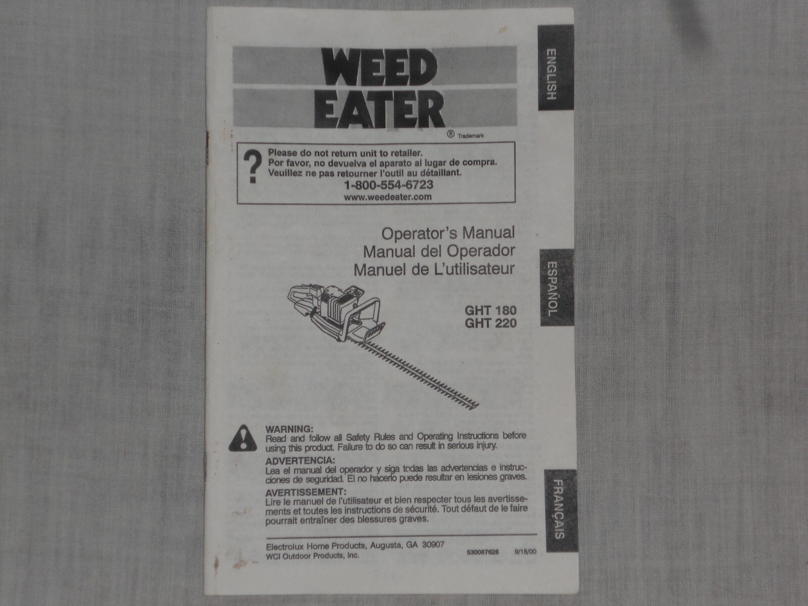 Operators Manual, Weed Eater Excalibur Hedge Trimmer GHT 180/220 eBay