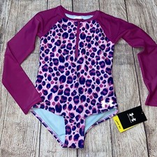 Under Armour Girls Purple Leopard Cheetah Long Sleeve Swimsuit Rash Guard NEW
