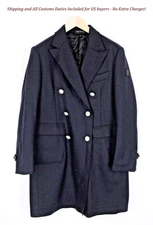 REPLAY Men`s Coat 48 Navy Double-Breasted Wool Lined Long Sleeve Peak Collar