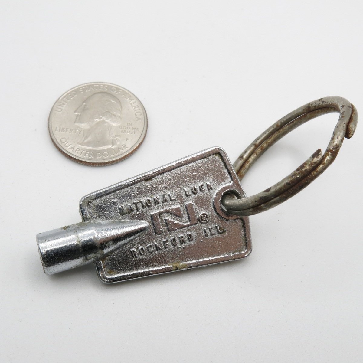 National Lock Metal Key Chain Silver Rockford Ill. Vintage