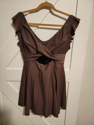 Women Solid Brown Swimsuit Ruffle Cutout Tummy Control V Neck Wrap sz 2x