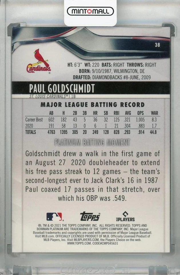 2021 Topps Bowman Platinum Paul Goldschmidt Blue /150 Cardinals Card - Image 2 of 2