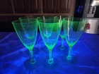 Antique Depression Green Uranium Glass, Fluted Fostoria Wine Glasses Set Of 6