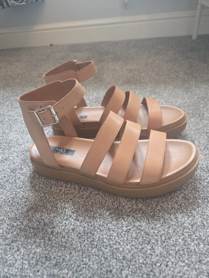 M&S Tan Leather Ankle Strap Flatform Sandals, Gladiator Sandals, Size 7, New - Image 2 of 4