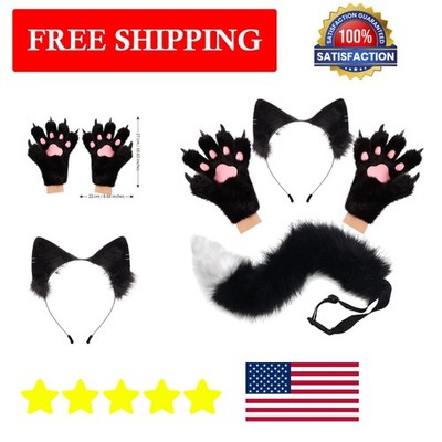 Elegant Black Faux Fur Wolf Fox Tail Ears & Gloves Set for Halloween & Christmas