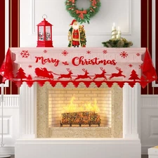 Christmas Mantle Scarf - Merry Christmas Fireplace Decorations - Red Lace Man...