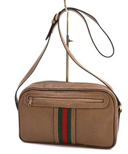 GUCCI VINTAGE Web Stripe Shoulder Bag Leather Brown Classic Authentic