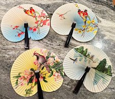 Lot of 4 Japanese Folding Round Paper Hand Fans, Floral Scenic Designs, Black