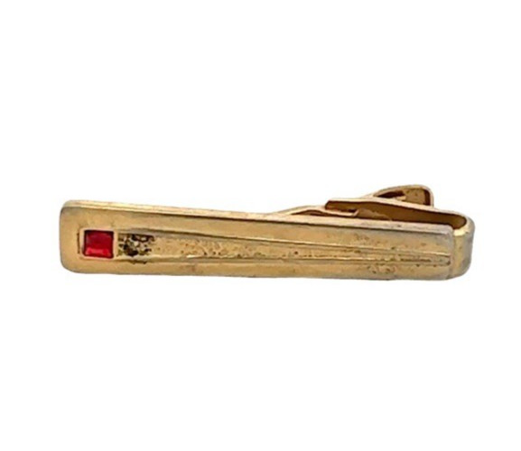 Vintage Estate Speidel Gold Tone Red Rhinestone Tie Bar – Men’s Accessory