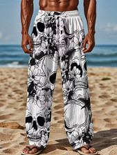 Skull, Flower Patterns, Black  White Print Pajama Pants