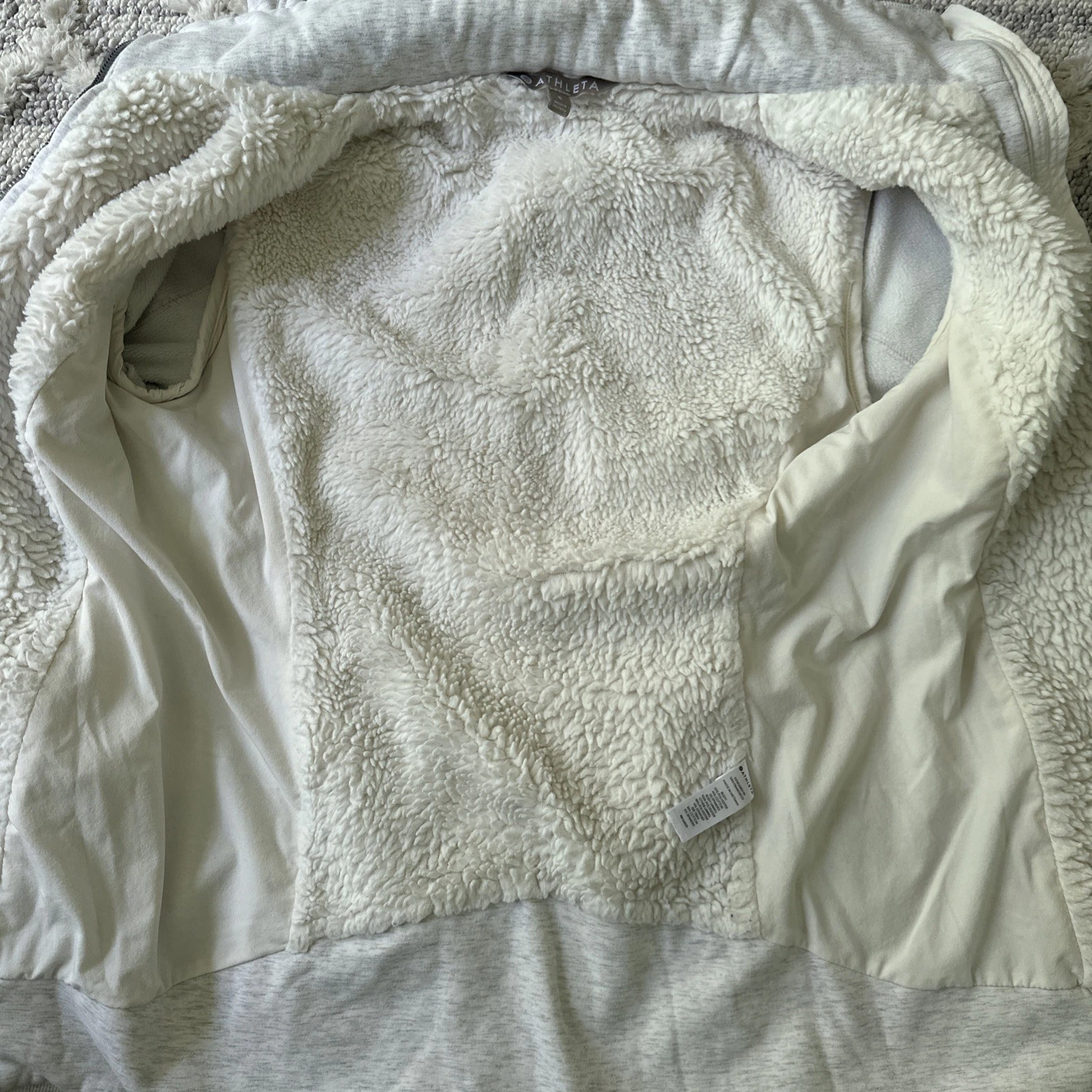 OFF WHITE Felpa con cappuccio Athleta Heather grigia e avorio foderata sherpa zip davanti collo alto piccola