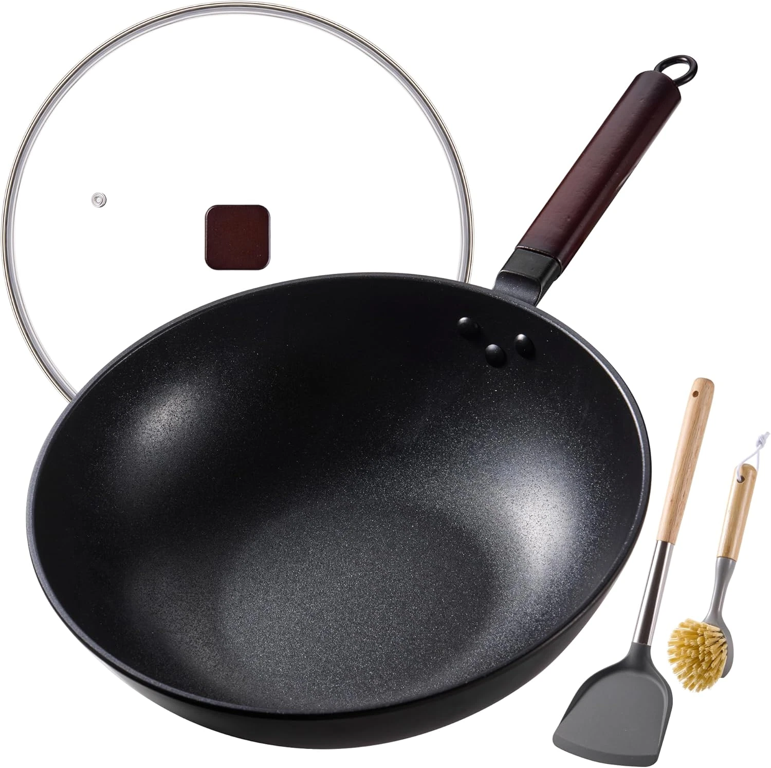 Carbon Steel Wok -13 Inch Woks & Stir-Fry Pans Nonstick, Wok Pan with Glass Lid