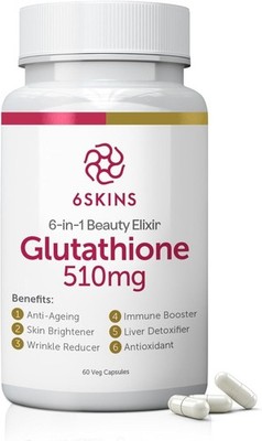6SKINS 6-in-1 Beauty Elixir w/ Liposomal Glutathione 510mg - 4X Absorption 60ct.