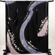 JAPANESE KIMONO FURISODE BLACK 170.5cm 5 ft 7 in PURE SILK B1012