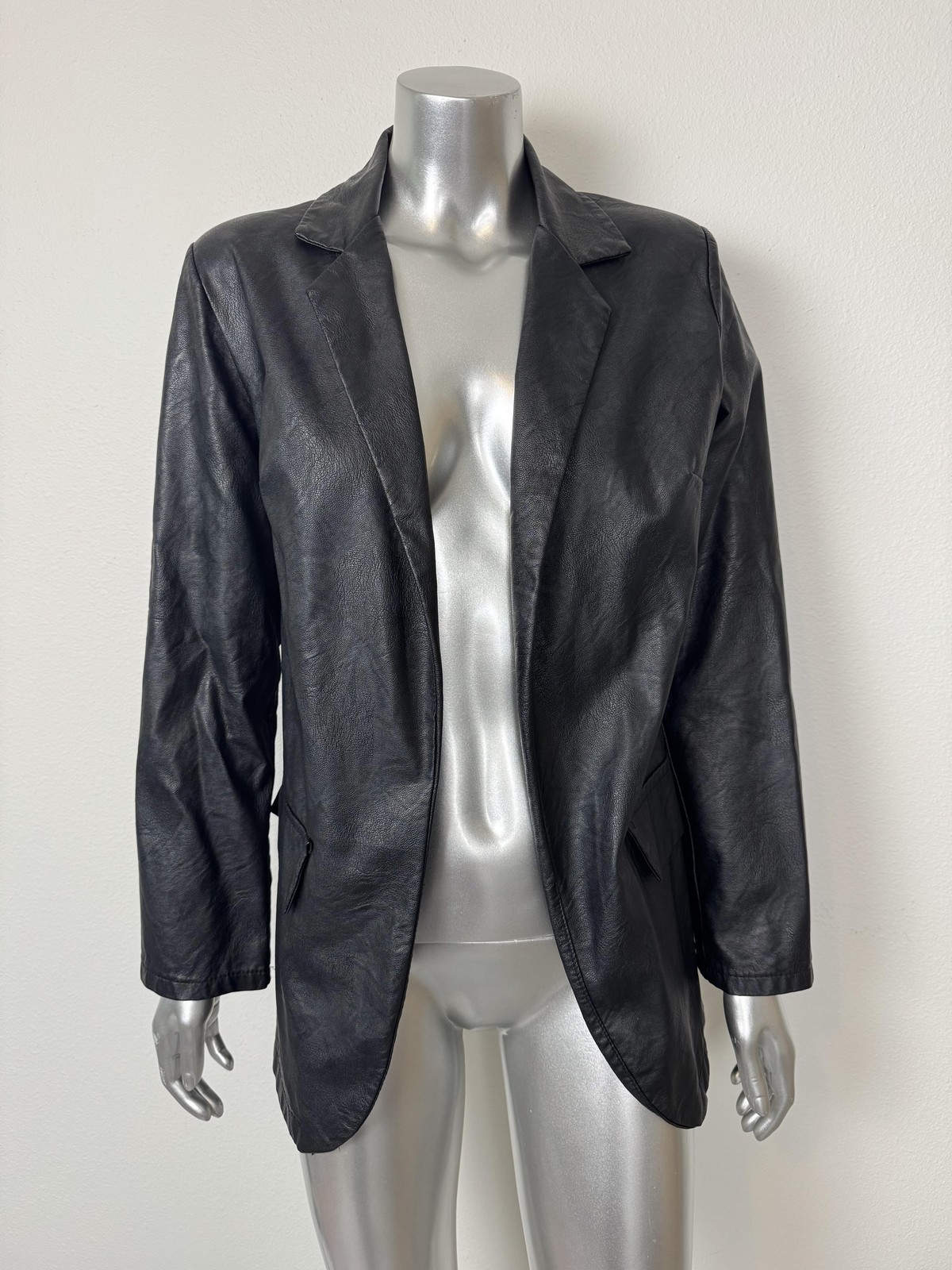 Nasty Gal Blazer Jacket Womens Small Black Faux Leather Longline Italy image 2