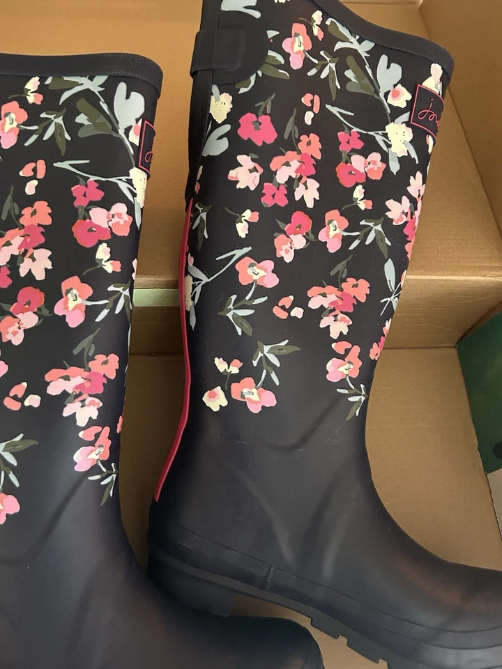 英国 Joules Right as Rain 威利雨靴 海军蓝 花卉 英国 5 美国 7 全新 全新带标签 — 第 2/4 张图片