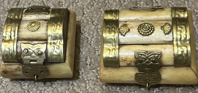 2 Vintage Camel Bone Trinket Box Brass Filigree Domed Jewelry Chest Keepsake Box