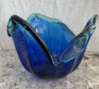 Vintage Italian Murano Style Art Glass Bowl, Cobalt Blue, Green Crest Edge
