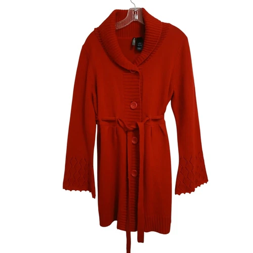 VALENTINO Bisou Bisou Cardigan Maglione Cappotto Taglia L ROSSO Cintura Occhielli Maniche a Campana Hippie