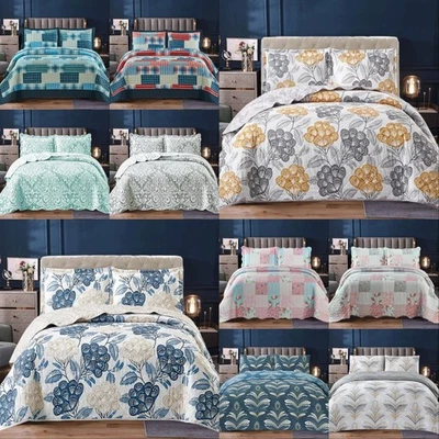 TREASURE RUGS BEDDING 3 PCs Patchwork Bedspread Quilted Printed Throw Single Double King Bedding Set