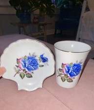 Vintage 2Pc Porcelain Blue/Pink Floral Scalloped Shell Soap/ring Dish Tumbler