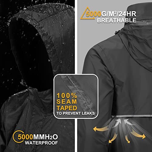 Chaqueta de lluvia para hombre impermeable ligera empaquetable pulóver de lluvia mediana negra - Imagen 3 de 7