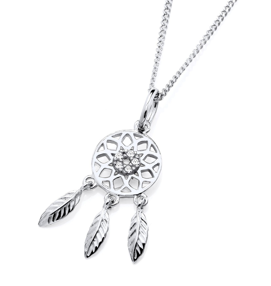 Sterling Silver Simulated Diamond Dream Catcher Feather Necklace