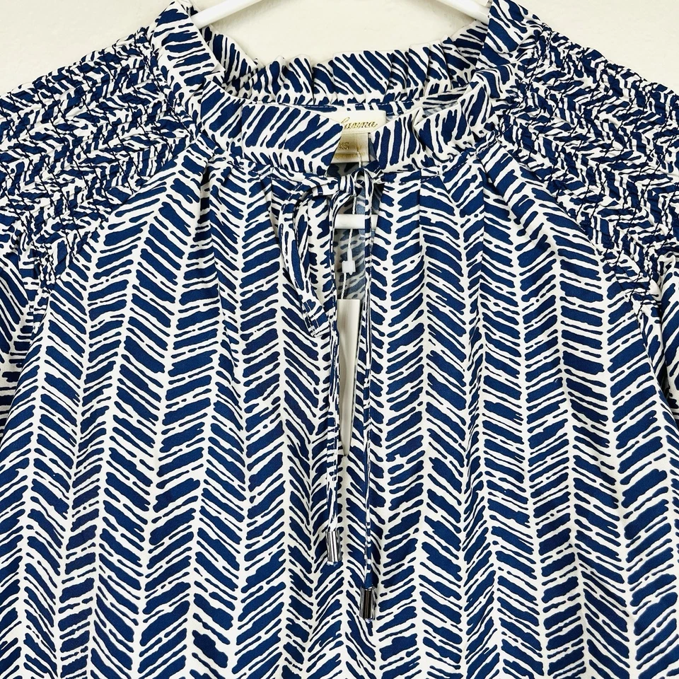 全新带标签 Shoshanna XS Milani 绿色蓝色印花领带袖口上衣 — 第 3/4 张图片