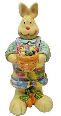 Vintage Easter Bunny Figurine Folk Art Resin Patchwork Overalls Eggs 4.75 in