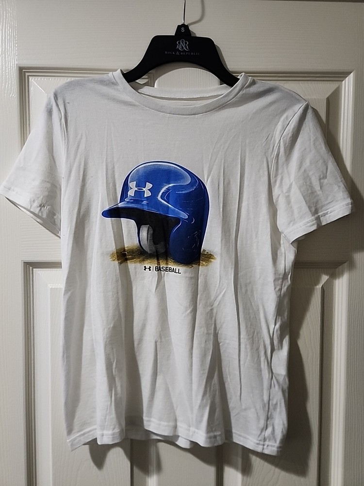 Under Armour Boys HeatGear Baseball Tee with Blue Helmet Logo in White