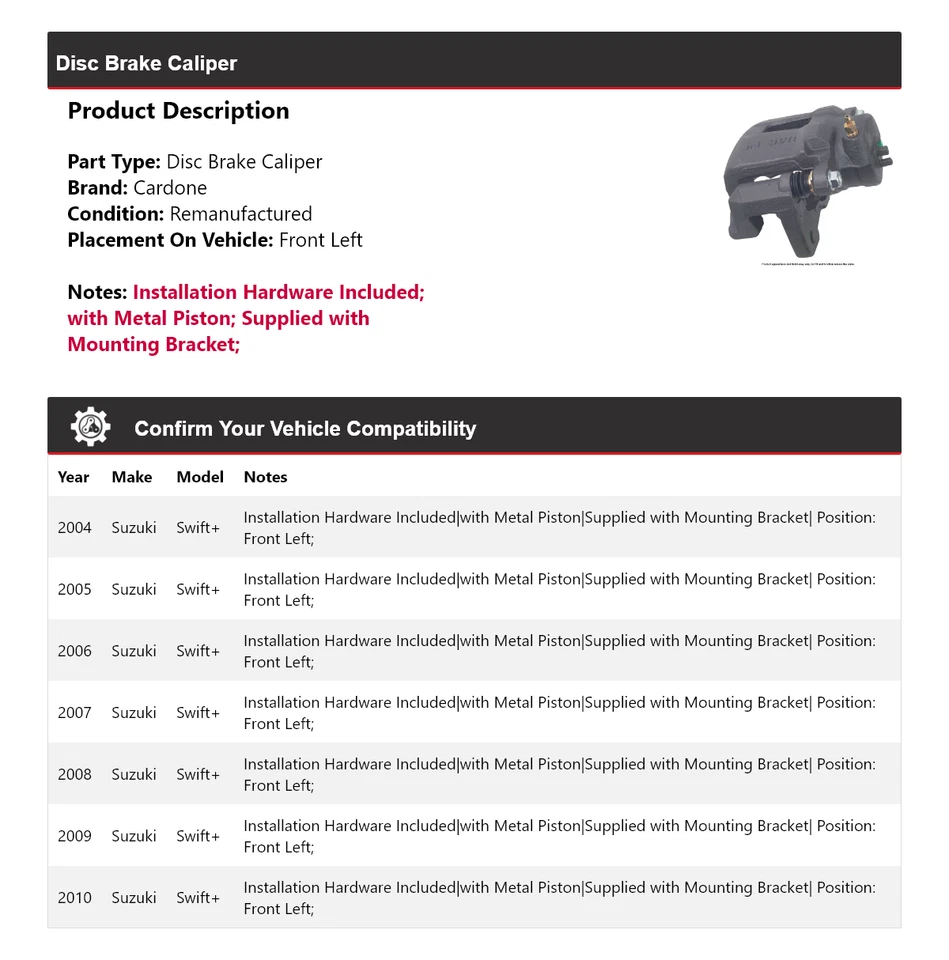 Pinza de freno de disco delantera izquierda Cardone 2005 2006 2007 para Suzuki Swift+ 2004-2010 Foto 2 de 4