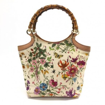 Auth Gucci Flora Bamboo Handbag Floral Pattern 137394 Beige