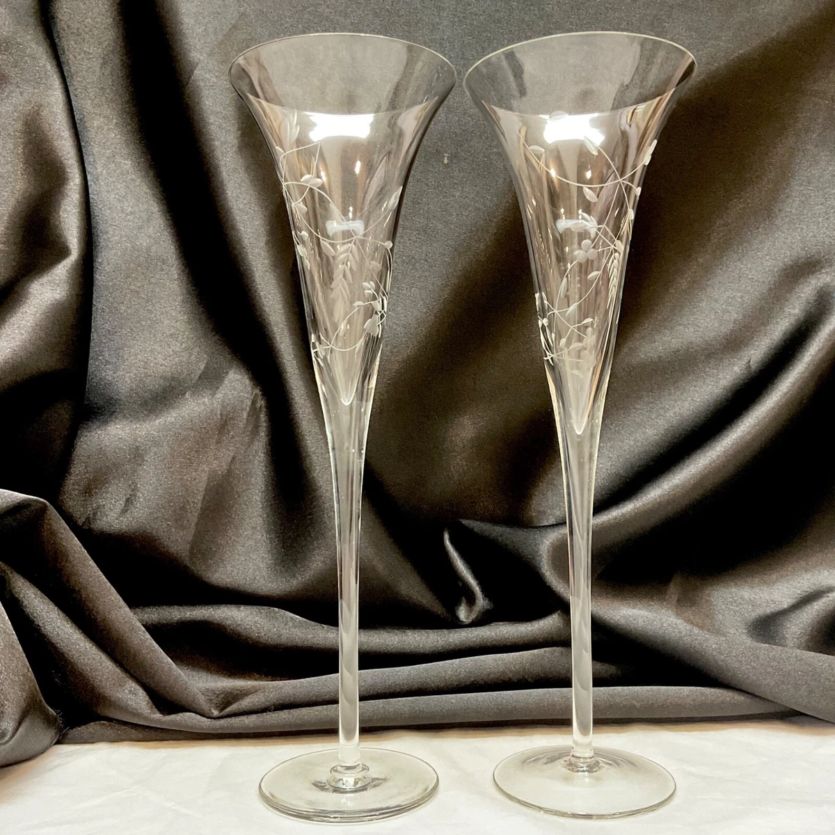 Pair Tall Cut Crystal Wedding Champagne Flutes