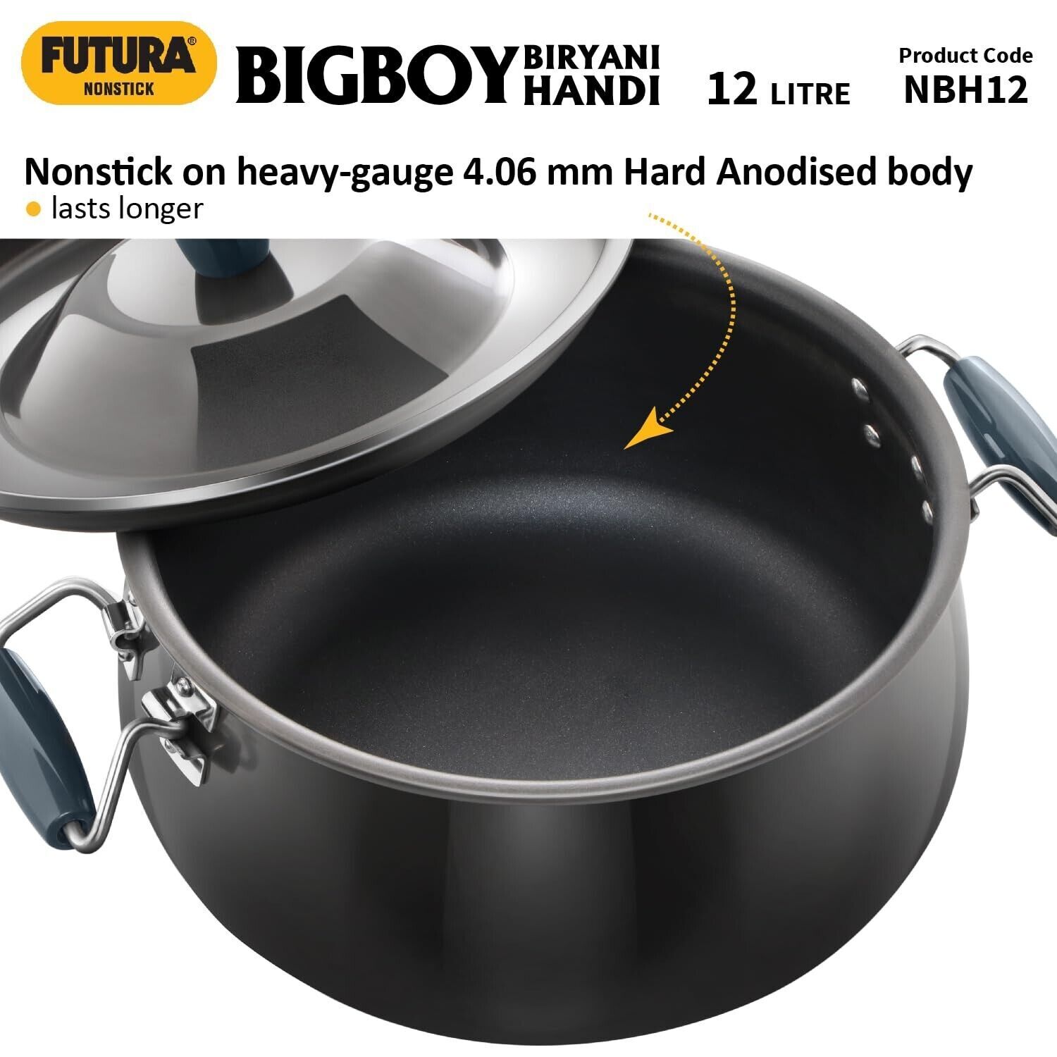 Futura Nonstick 12 Ltr Cook n Serve Bigboy Biryani Handi/Stock Pot