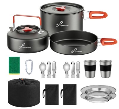 Camping Cookware Mess Kit, Large Size Pot Pan Kettle Set w/ Stainless Steel Cups