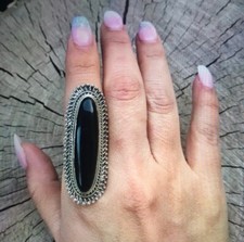 Black Onyx 925 Silver Ring-Long Statement Ring,Elegant Black Gemstone,Onyx Magic