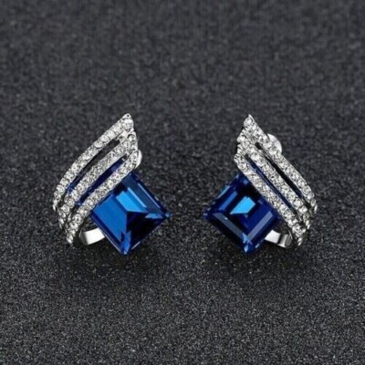 3Ct Emerald Lab Created Blue Diamond Stud Earrings 14K White Gold Plated Silver