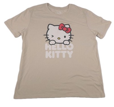 NEW Winking Hello Kitty T-Shirt Tee Size MEDIUM Crewneck Short Sleeve Tan Brown