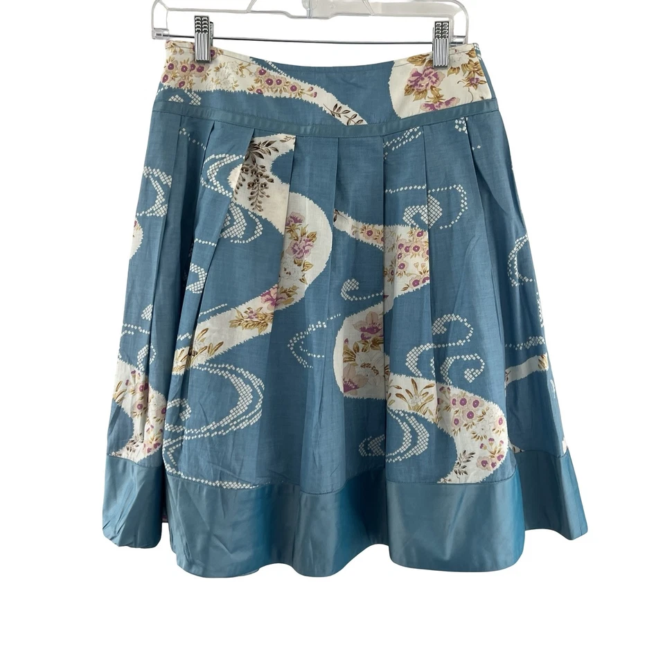 Tracy Reese Skirt Womens 2 Blue Floral Pleated Full A-Line Vintage Style Cotton Foto 2 de 4
