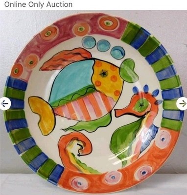 Vicki Carroll Pottery Signed 14 '' Large  Round Bowl Bright Colors Fish  Seahorse