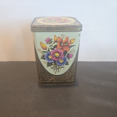 Vintage 5 3/4 x 4'' Tin Storage Container Made in England Floral Gold See Picture