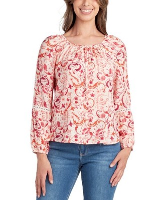 BCX Printed Tie-Neck Blouse Juniors Small Pat J Button & Tie Closure L/S